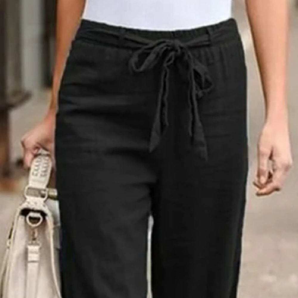 Black linen pants with tie